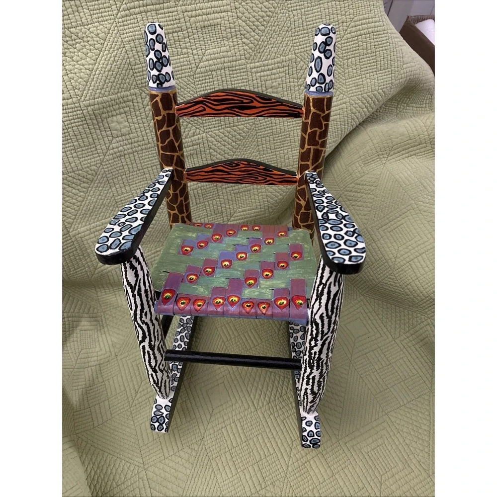 Hand Painted Folk Art Doll Rocking Chair Animal Print Miniature 16